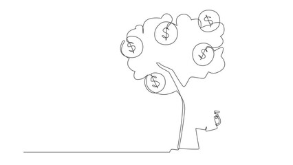 Poster - Animated self drawing of single continuous line draw robot watering tree with coins dollar symbol. Profit growth. Robotic artificial intelligence. Electronic technology. Full length one line animation