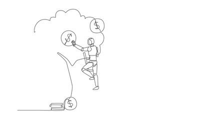 Poster - Animated self drawing of single continuous line draw robot picking dollars from money tree. Modern robotic artificial intelligence. Electronic technology industry. Full length one line animation