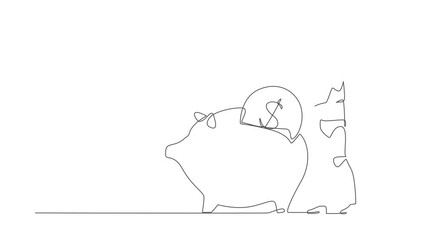 Poster - Animated self drawing of continuous one line draw robot putting dollar coin into piggy bank. Humanoid robot cybernetic organism. Future robotics development concept. Full length single line animation