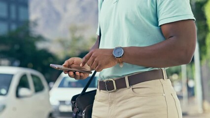 Poster - closeup, travelling and man with smartphone, typing and social media with connection, texting and ch