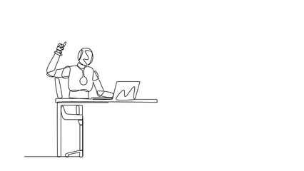 Poster - Animated self drawing of continuous line draw robot getting bright new idea while working with laptop on desk. Robotic artificial intelligence. Electronic technology. Full length one line animation