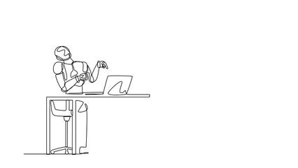 Poster - animated self drawing of continuous one line draw robot manager laughing out loud while pointing fin