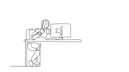 Poster - Self drawing animation of single line draw angry robot breaks laptop hitting it with clenched fist. Future technology. Artificial intelligence machine learning. Continuous line. Full length animated