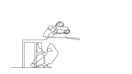 Poster - Animated self drawing of single continuous line draw robot sitting and hugging laptop at office. Modern robotic artificial intelligence. Electronic technology industry. Full length one line animation