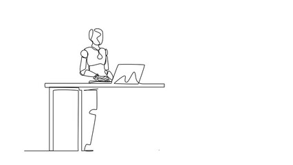 Poster - Animated self drawing of continuous line draw smart robot standing and working behind desk. Modern robotic artificial intelligence. Electronic technology industry. Full length one line animation
