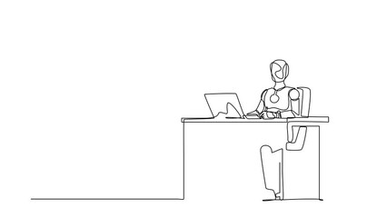 Poster - Animated self drawing of continuous line draw robot writing and sitting in front of laptop at table. Robotic artificial intelligence. Electronic technology industry. Full length one line animation
