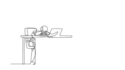 Poster - Self drawing animation of single line draw robot throwing tantrum in office holding head with hands. Future technology. Artificial intelligence machine learning. Continuous line. Full length animated