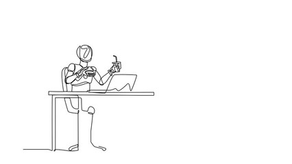 Poster - Animated self drawing of continuous line draw robot eating burger fast food unhealthy lifestyle. Modern robotic artificial intelligence. Electronic technology industry. Full length one line animation