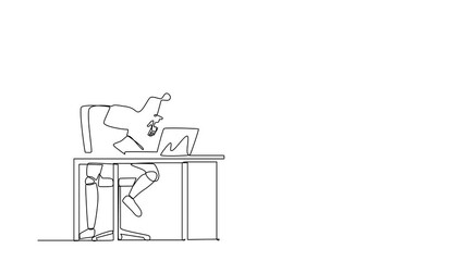 Poster - self drawing animation of single line draw frustrated robot shouting screen laptop on working desk. 