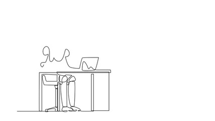Poster - Animated self drawing of continuous one line draw robot giving thumbs up sign in front of computer. Humanoid robot cybernetic organism. Future robotics development. Full length single line animation