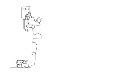 Poster - animated self drawing of single continuous line draw robot plumber is installing water heater or boi