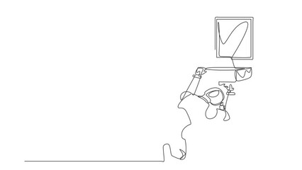 Poster - Animated self drawing of continuous line draw robot plumber worker repair sink in bathroom and plumbing pipes. Robotic artificial intelligence. Electronic technology. Full length one line animation