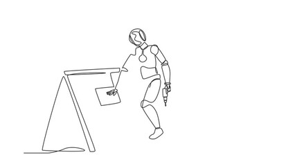 Poster - animated self drawing of continuous one line draw robot roofer installing wooden or bitumen shingle.