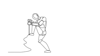 Poster - Animated self drawing of continuous line draw robot fix plumbing toilet leakage, clogging, plumber repair tools. Robotic artificial intelligence. Electronic technology. Full length one line animation