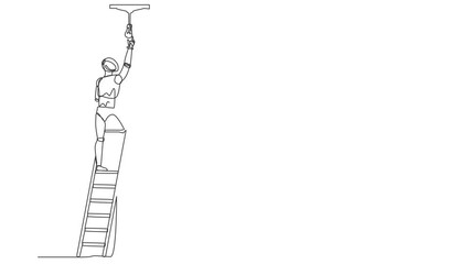 Poster - Self drawing animation of single one line draw robot worker electrician on ladder change light bulb. Future technology. Artificial intelligence machine. Continuous line draw. Full length animated