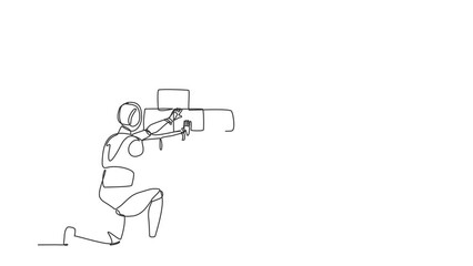 Poster - Animated self drawing of continuous line draw robot repair worker laying ceramic wall tile. Modern robotic artificial intelligence. Electronic technology industry. Full length one line animation