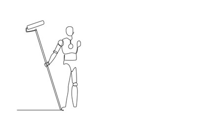 Poster - Animated self drawing of continuous line draw robot painter with bucket of paint and paint roller. Humanoid robot cybernetic organism. Future robotics development. Full length single line animation