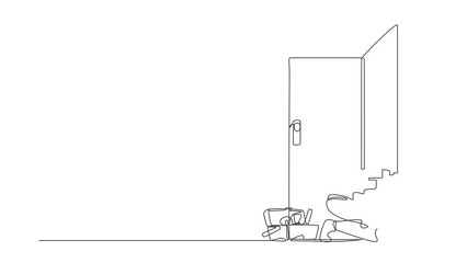 Poster - Animated self drawing of continuous line draw robot repairman with special equipment, repair door element. Modern robotic artificial intelligence. Electronic technology. Full length one line animation