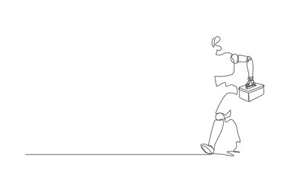 Poster - Animated self drawing of continuous line draw robot mechanic repairman worker with tool box is running. Technical service. Robot cybernetic organism. Future robotic. Full length single line animation