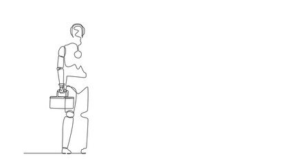 Poster - Self drawing animation of single one line draw robot plumber standing holding wrench, tools box in hand. Future technology. Artificial intelligence machine. Continuous line draw. Full length animated