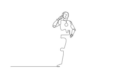 Poster - Animated self drawing of continuous line draw smart robot pointing head, thinking something. Feeling optimistic, visionary about future. Humanoid robot cybernetic. Full length single line animation