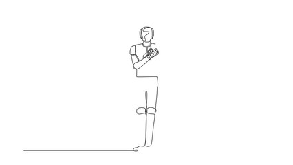 Poster - Animated self drawing of single continuous line draw robot keeping hands on chest. Robot suffering from chest pain or heart attack. Robotic artificial intelligence. Full length one line animation