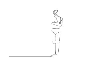 Poster - Self drawing animation of single one line draw robot standing with folded arms pose. Future technology. Artificial intelligence and machine learning processes. Continuous line. Full length animated