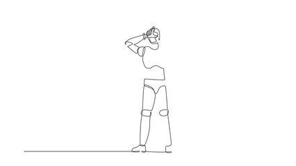 Poster - Animated self drawing of continuous one line draw robot making 'L' symbol, showing loser sign on forehead with fingers. Humanoid robot cybernetic organism. Robotic. Full length single line animation