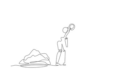 Poster - Self drawing animation of single line draw robot walking unsteadily leaving hole dug dragging shovel. Future technology. Artificial intelligence machine learning. Continuous line. Full length animated