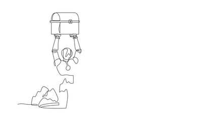 Poster - animated self drawing of continuous line draw robot standing in digging hole and lifting chest treas