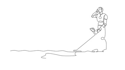 Poster - Animated self drawing of continuous line draw robot with metal detector looking for chest treasure. Robotic artificial intelligence. Electronic technology industry. Full length one line animation