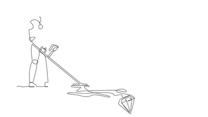Poster - Self drawing animation of single line draw robot with detector looking for diamonds. Future technology development. Artificial intelligence and machine learning. Continuous line. Full length animated