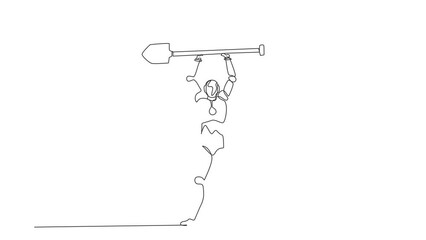 Poster - Animated self drawing of continuous line draw robot standing lifting big shovel. Success, achievement. Robotic artificial intelligence. Electronic technology industry. Full length one line animation