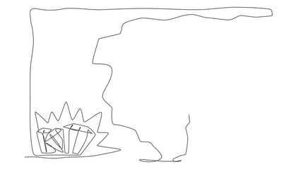 Poster - Animated self drawing of continuous one line draw robot digging with pickaxe to get diamond. Humanoid robot cybernetic organism. Future robotics development concept. Full length single line animation