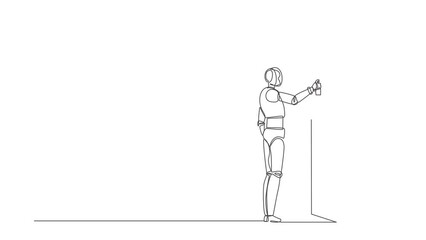 Poster - Self drawing animation of single line draw robot is painting abstract picture on wall. Future technology development. Artificial intelligence machine learning. Continuous line. Full length animated