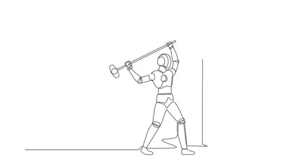 Poster - Self drawing animation of single one line draw robot hitting wall with hammer. Achievement way for success. Technology. Artificial intelligence machine learning. Continuous line. Full length animated