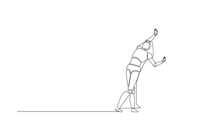 Poster - Animated self drawing of continuous one line draw robot pushing wall. Challenge and problem solution. Humanoid robot cybernetic organism. Future robotics development. Full length single line animation