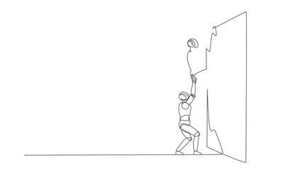 Poster - Animated self drawing of continuous line draw robot helping another robot climb wall. Modern robotic artificial intelligence technology. Electronic technology industry. Full length one line animation