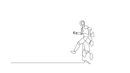 Poster - Self drawing animation of single line draw robot run breaking through brick wall. Future technology development. Artificial intelligence machine learning. Continuous line draw. Full length animated