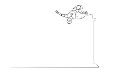 Poster - Animated self drawing of continuous line draw robot jumping over brick wall with acrobatic style. Modern robotic artificial intelligence. Electronic technology industry. Full length one line animation