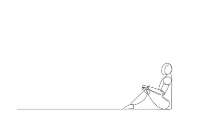 Poster - Animated self drawing of continuous line draw robot sitting on floor and lean against wall. Failure, sad, lonely. Robotic artificial intelligence. Electronic technology. Full length one line animation