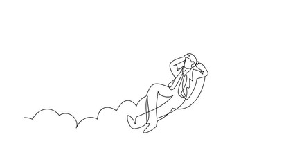 Poster - Self drawing animation of single line draw relaxed successful businessman relaxing laying on clouds. Happy and enjoy male relaxation, vacation, take a break. Continuous line draw. Full length animated