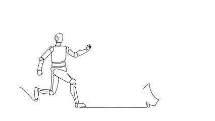 Poster - Animated self drawing of continuous line draw robot chasing alarm clock. System management control and information tech industry. Modern robotic artificial intelligence. Full length one line animation