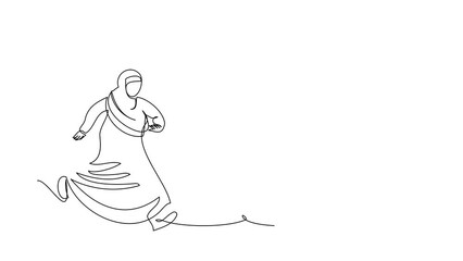 Poster - Self drawing animation of single line draw Arab businesswoman chasing light bulb. Arabian worker seek project solution. Imagination for new business ideas. Continuous line draw. Full length animated