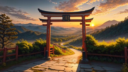 Landscape view of torii gate with sunset