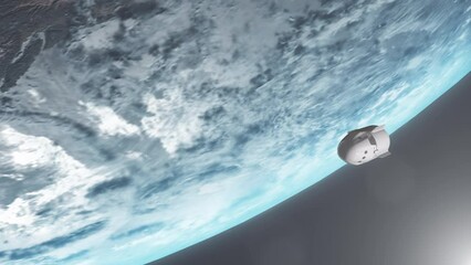 Wall Mural - Commercial Spacecraft Capsule Passes Camera While Orbiting Planet Earth with Sun Flare - 3D CGI Animation 4K