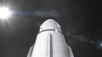 Wall Mural - Commercial Spacecraft Capsule Static Action Camera Style as it Rotates in Space with Bright Sun Flares - Looping Realistic 3D CGI Animation 4K