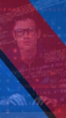 Poster - Animation of caucasian male hacker and data processing over flag of ukraine and russia