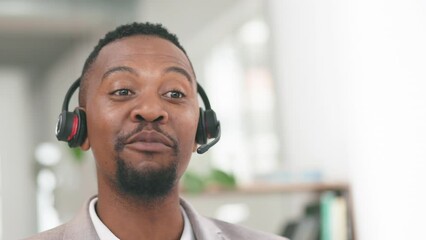 Canvas Print - Happy black man, business call and telemarketing office with a employee smile. Phone networking, communication and working worker busy with web support survey and online consultation with mockup