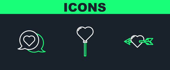 Sticker - Set line Amour with heart and arrow, Heart in speech bubble and Balloons form of icon. Vector